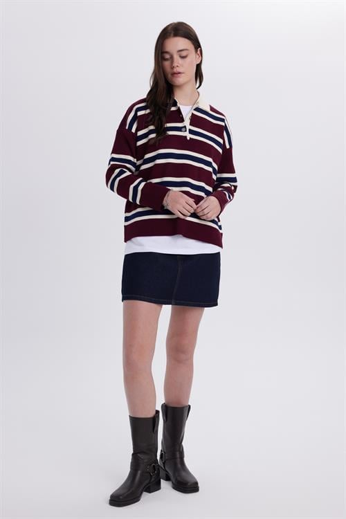 Kadın Regular Fit Klasik Kesim Çizgili Polo Yaka Bordo Kazak