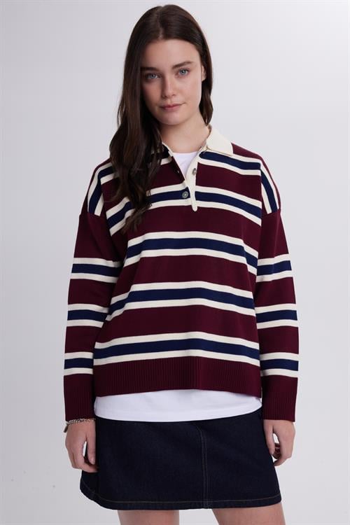 Kadın Regular Fit Klasik Kesim Çizgili Polo Yaka Bordo Kazak