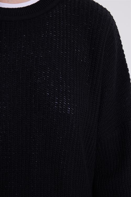 Kadın Oversize Geniş Kesim Örme Detaylı Bisiklet Yaka Siyah Kazak