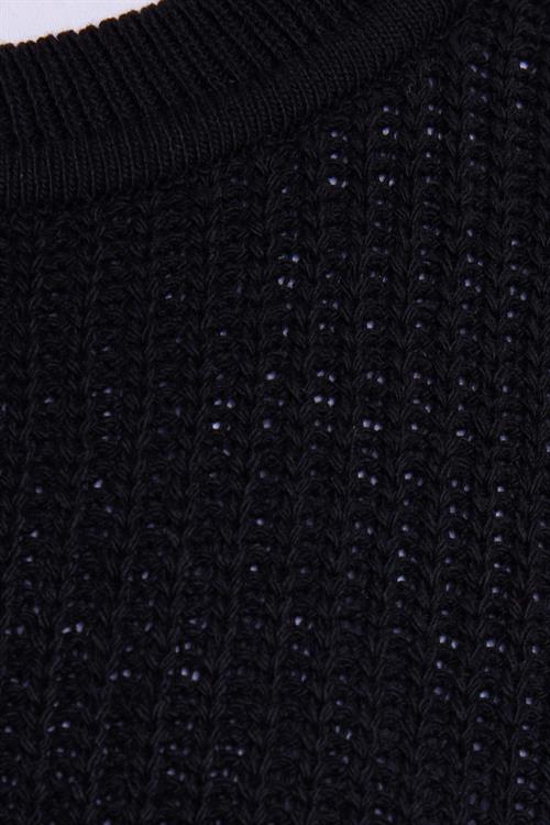 Kadın Oversize Geniş Kesim Örme Detaylı Bisiklet Yaka Siyah Kazak