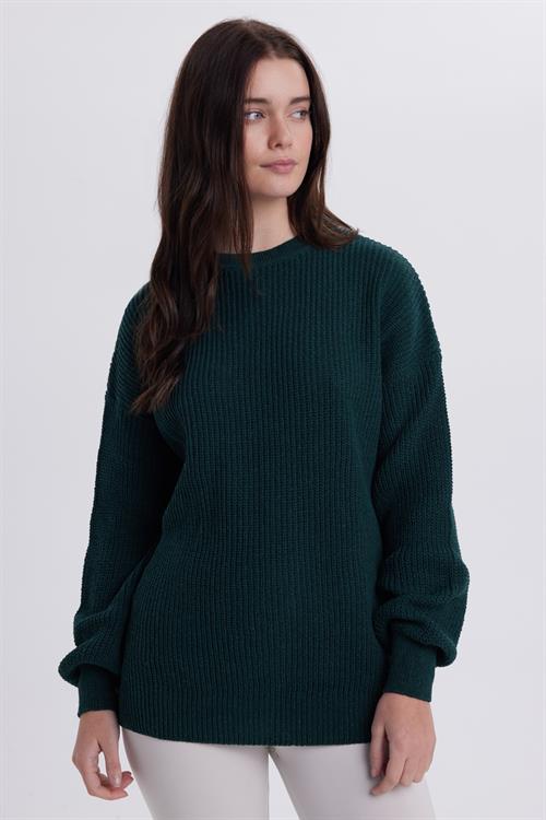 Kadın Oversize Geniş Kesim Örme Detaylı Bisiklet Yaka Yeşil Kazak