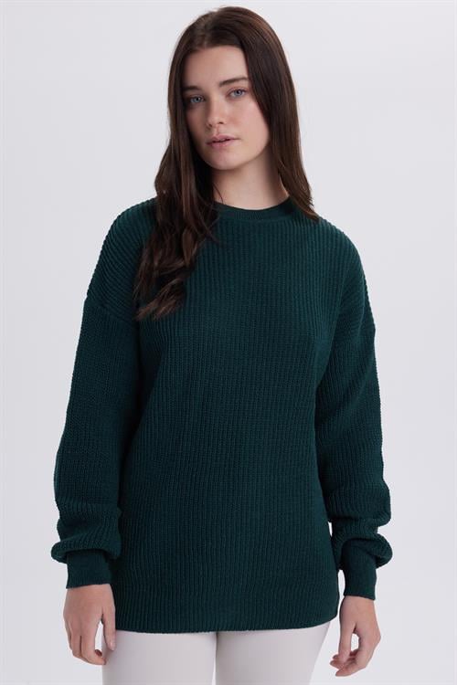 Kadın Oversize Geniş Kesim Örme Detaylı Bisiklet Yaka Yeşil Kazak