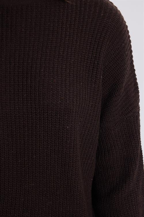 Kadın Oversize Geniş Kesim Örme Detaylı Bisiklet Yaka Kahverengi Kazak