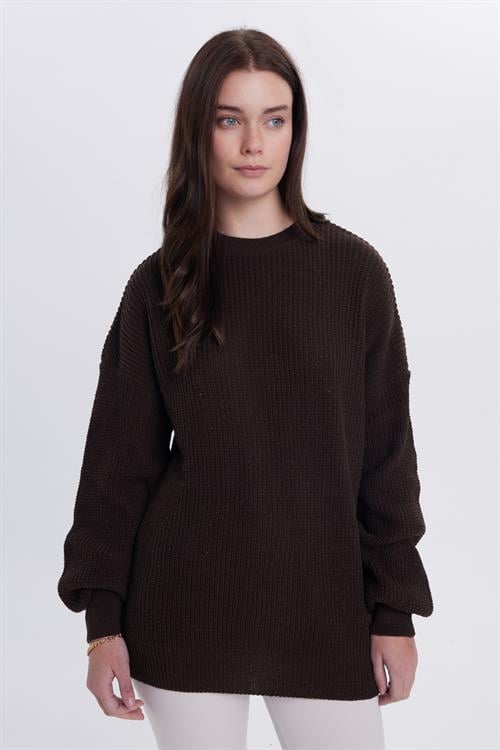 Kadın Oversize Geniş Kesim Örme Detaylı Bisiklet Yaka Kahverengi Kazak