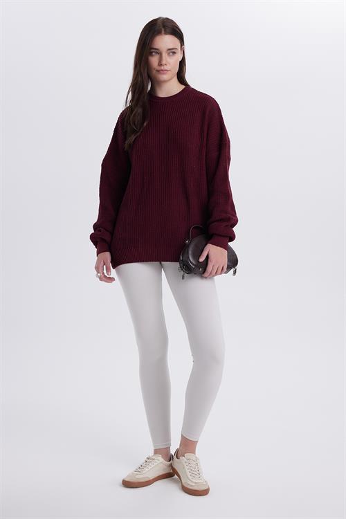 Kadın Oversize Geniş Kesim Örme Detaylı Bisiklet Yaka Bordo Kazak