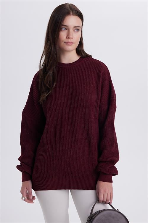 Kadın Oversize Geniş Kesim Örme Detaylı Bisiklet Yaka Bordo Kazak