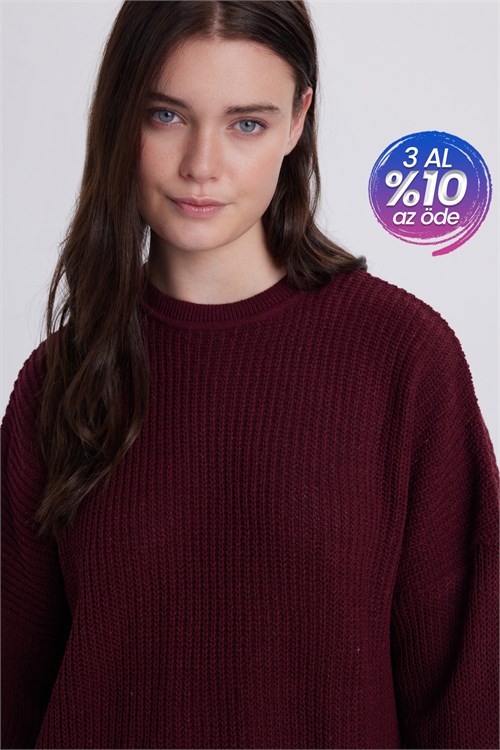 Kadın Oversize Geniş Kesim Örme Detaylı Bisiklet Yaka Bordo Kazak