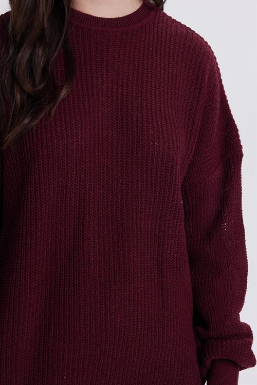 Kadın Oversize Geniş Kesim Örme Detaylı Bisiklet Yaka Bordo Kazak