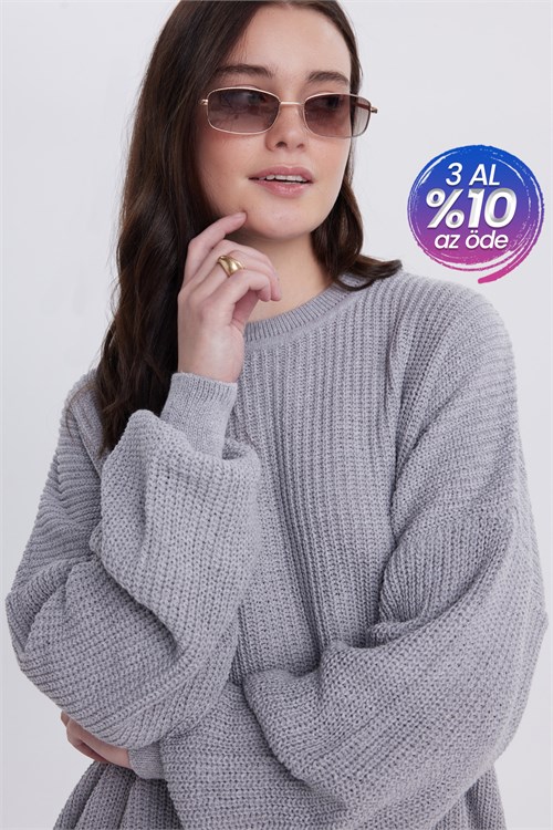 Kadın Oversize Geniş Kesim Örme Detaylı Bisiklet Yaka Gri Kazak