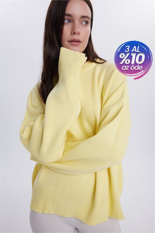 Kadın Oversize Geniş Kesim Bisiklet Yaka Sarı Kazak