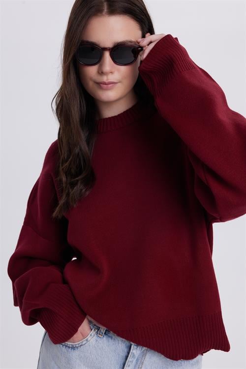 Kadın Oversize Geniş Kesim Bisiklet Yaka Bordo Kazak