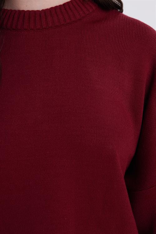 Kadın Oversize Geniş Kesim Bisiklet Yaka Bordo Kazak
