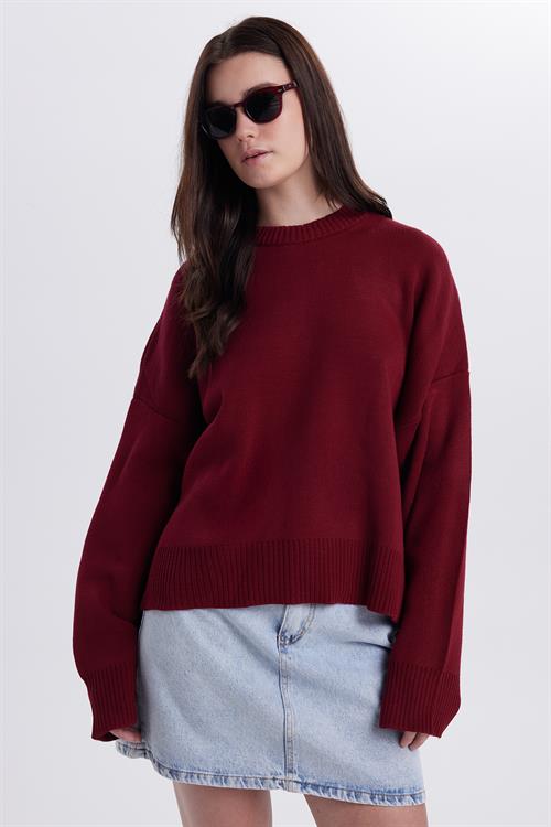 Kadın Oversize Geniş Kesim Bisiklet Yaka Bordo Kazak