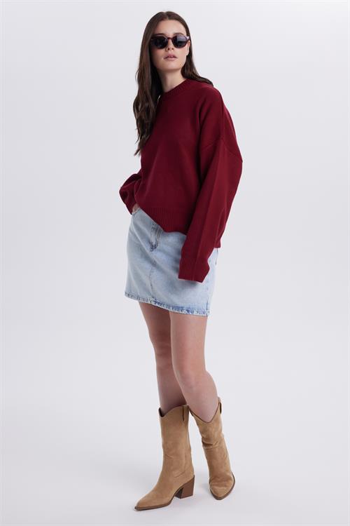 Kadın Oversize Geniş Kesim Bisiklet Yaka Bordo Kazak