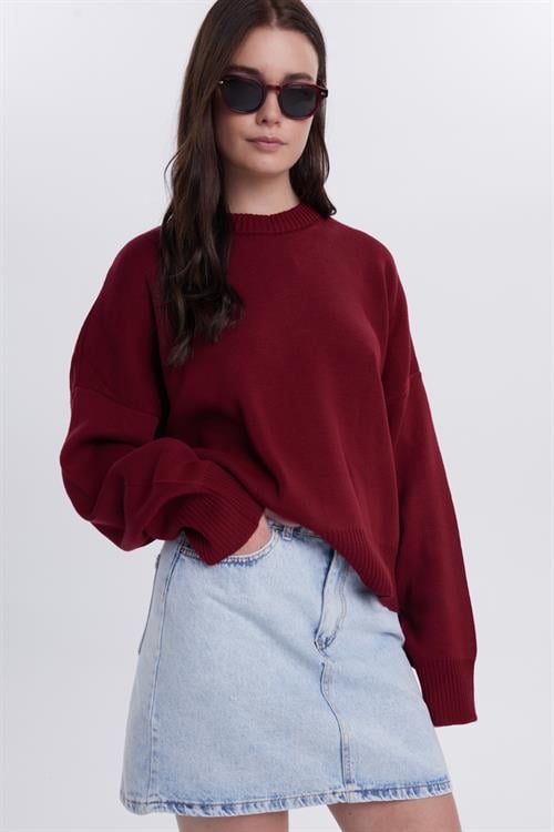 Kadın Oversize Geniş Kesim Bisiklet Yaka Bordo Kazak
