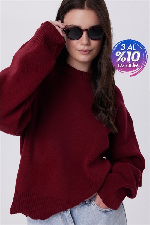 Kadın Oversize Geniş Kesim Bisiklet Yaka Bordo Kazak