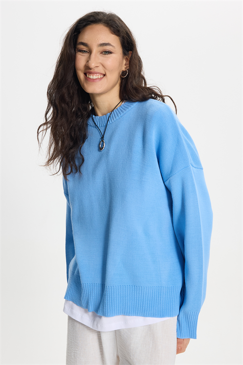 Kadın Oversize Geniş Kesim Bisiklet Yaka Mavi Kazak
