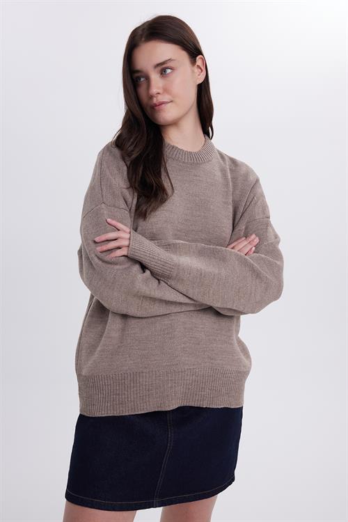Kadın Oversize Geniş Kesim Bisiklet Yaka Vizon Kazak