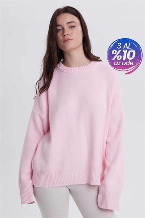 Kadın Oversize Geniş Kesim Bisiklet Yaka Pembe Kazak