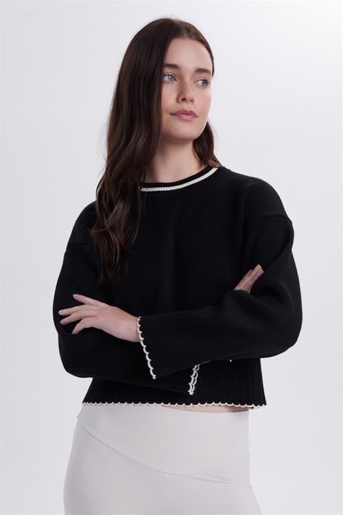 Kadın Oversize Geniş Kesim Bisiklet Yaka Çizgili Siyah Kazak