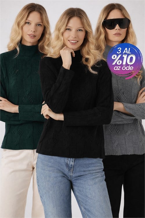 Kadın 3lü Paket Siyah-Gri-Yeşil Regular Fit Klasik Kesim Yarım Balıkçı Yaka Örgü Desenli Kazak