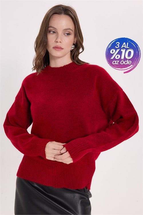 Kadın Oversize Geniş Kesim Bisiklet Yaka Kırmızı Triko Kazak