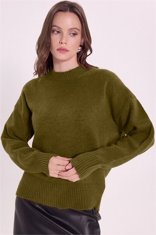 Kadın Oversize Geniş Kesim Bisiklet Yaka Haki Triko Kazak