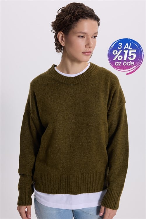 Kadın Oversize Geniş Kesim Bisiklet Yaka Haki Triko Kazak