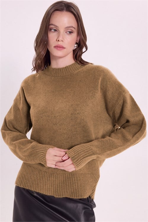 Kadın Oversize Geniş Kesim Bisiklet Yaka Bej Triko Kazak