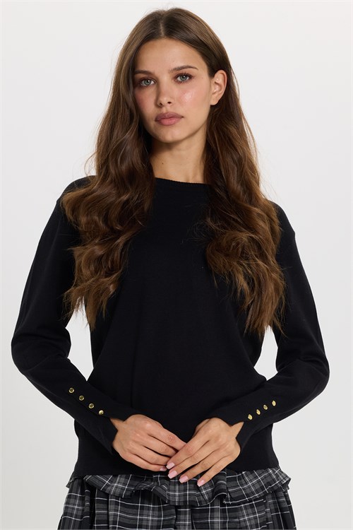Kadın Slim Fit Dar Kesim Bisiklet Yaka Kol Manşet Yırtmaçlı Gold Düğme Detay Siyah Triko Kazak