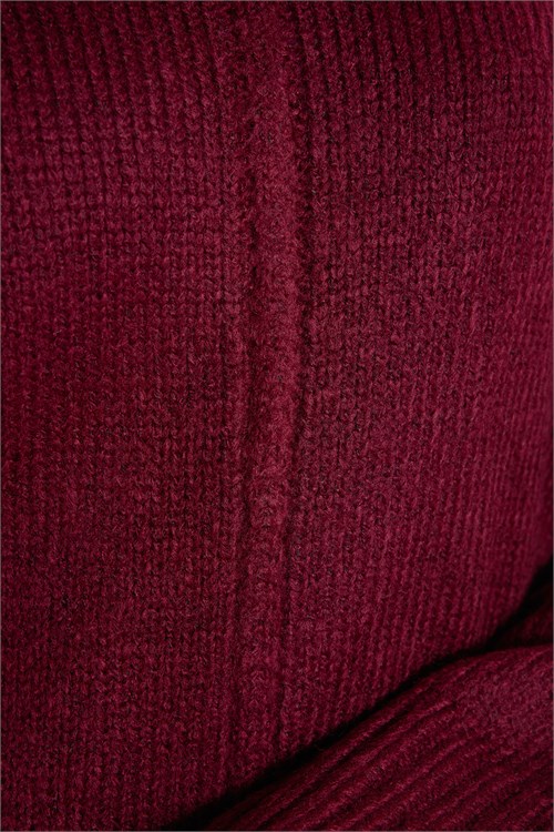 Kadın Oversize Geniş Kesim Bisiklet Yaka Düşük Omuzlu Çizgi Ön Dikiş Ribanalı Örgü Bordo Triko Kazak