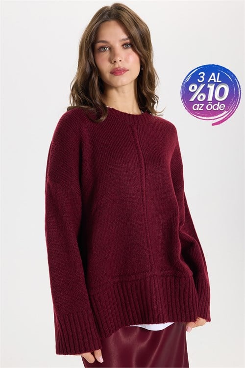 Kadın Oversize Geniş Kesim Bisiklet Yaka Düşük Omuzlu Çizgi Ön Dikiş Ribanalı Örgü Bordo Triko Kazak