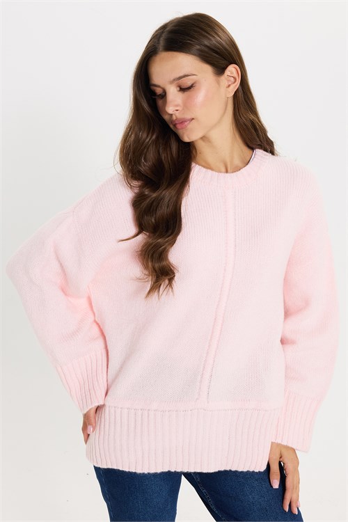 Kadın Oversize Geniş Kesim Bisiklet Yaka Düşük Omuzlu Çizgi Ön Dikiş Ribanalı Örgü Pembe Triko Kazak