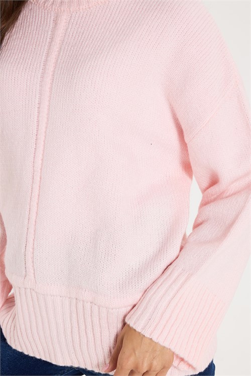 Kadın Oversize Geniş Kesim Bisiklet Yaka Düşük Omuzlu Çizgi Ön Dikiş Ribanalı Örgü Pembe Triko Kazak