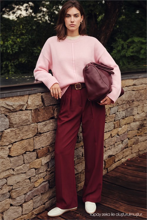 Kadın Oversize Geniş Kesim Bisiklet Yaka Düşük Omuzlu Çizgi Ön Dikiş Ribanalı Örgü Pembe Triko Kazak