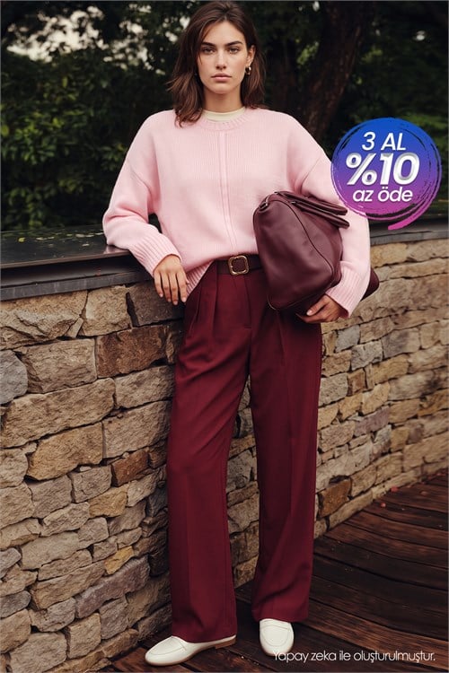 Kadın Oversize Geniş Kesim Bisiklet Yaka Düşük Omuzlu Çizgi Ön Dikiş Ribanalı Örgü Pembe Triko Kazak