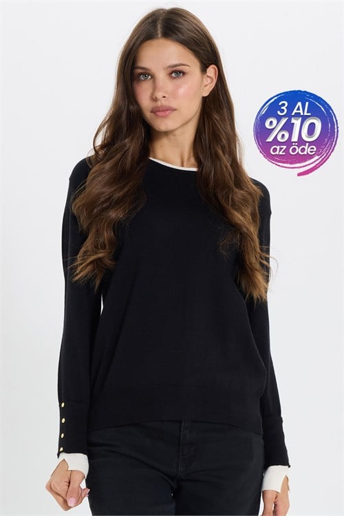 Kadın Slim Fit Dar Kesim Bisiklet Yaka Garnili Düğme Detaylı Siyah Triko Kazak