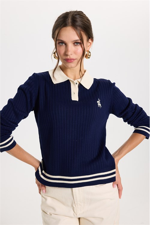 Kadın Slim Fit Dar Kesim Uzun Kollu Polo Yaka Nakışlı Lacivert Kazak