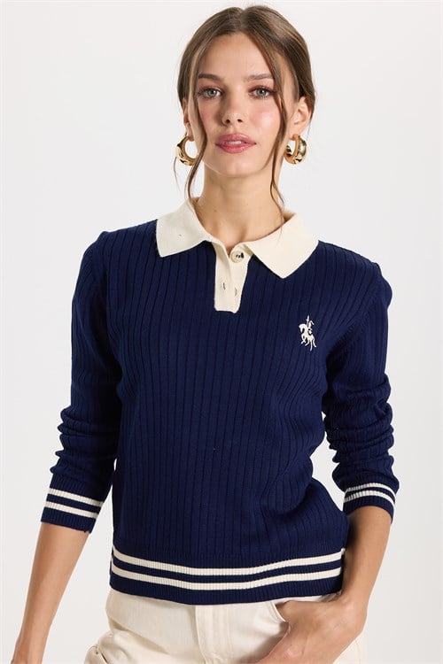 Kadın Slim Fit Dar Kesim Uzun Kollu Polo Yaka Nakışlı Lacivert Kazak