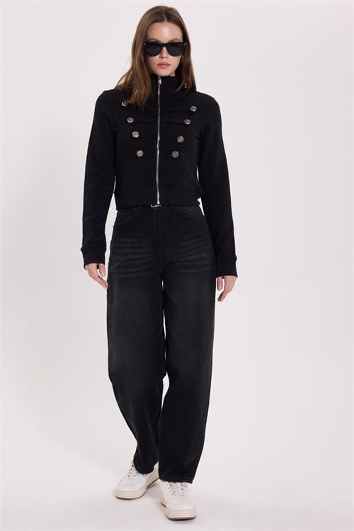 Kadın Slim Fit Dar Kesim %100 Pamuk Yarım Balıkçı Yaka Düğme Detaylı Uzun Kollu Siyah Ceket