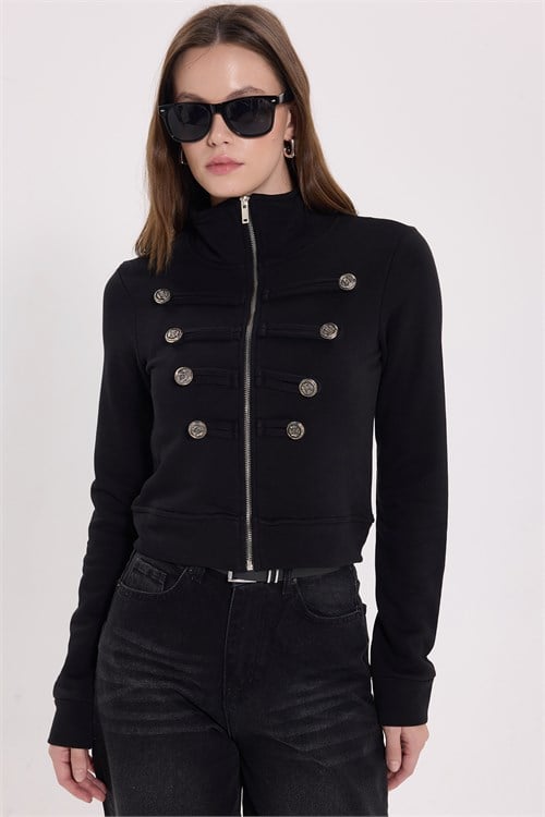 Kadın Slim Fit Dar Kesim %100 Pamuk Yarım Balıkçı Yaka Düğme Detaylı Uzun Kollu Siyah Ceket