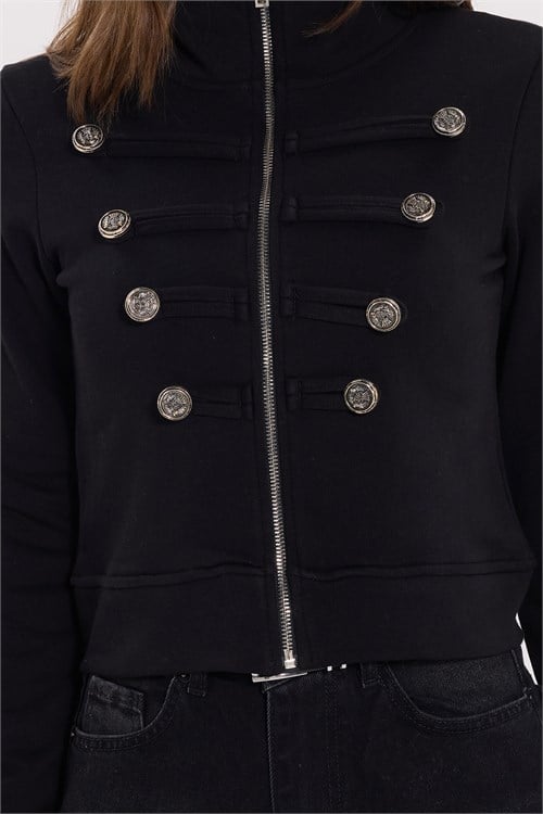Kadın Slim Fit Dar Kesim %100 Pamuk Yarım Balıkçı Yaka Düğme Detaylı Uzun Kollu Siyah Ceket