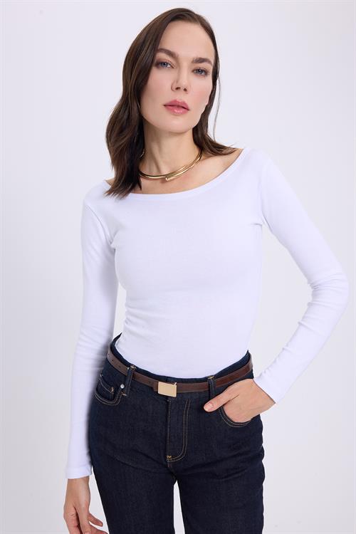 Kadın Slim Fit Dar Kesim Pamuklu Modal Kumaş Uzun Kollu Kayık Yaka Beyaz Bluz