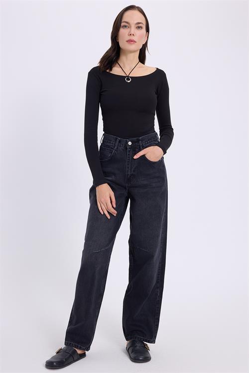 Kadın Slim Fit Dar Kesim Pamuklu Modal Kumaş Uzun Kollu Kayık Yaka Siyah Bluz