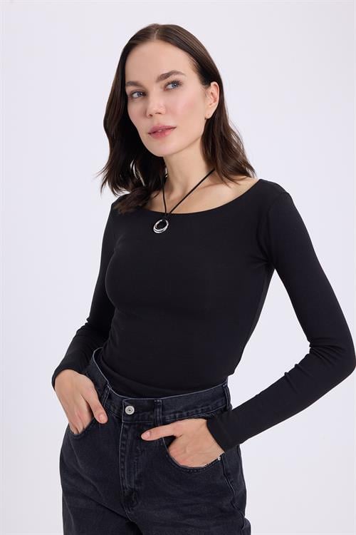 Kadın Slim Fit Dar Kesim Pamuklu Modal Kumaş Uzun Kollu Kayık Yaka Siyah Bluz