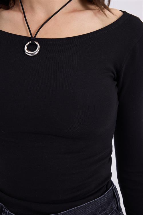 Kadın Slim Fit Dar Kesim Pamuklu Modal Kumaş Uzun Kollu Kayık Yaka Siyah Bluz