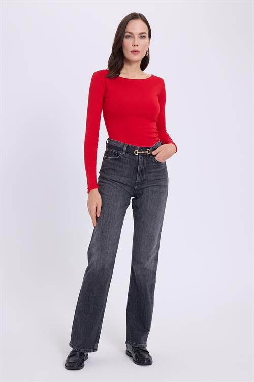 Kadın Slim Fit Dar Kesim Pamuklu Modal Kumaş Uzun Kollu Kayık Yaka Kırmızı Bluz