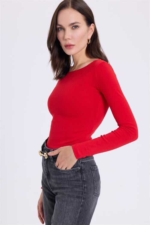 Kadın Slim Fit Dar Kesim Pamuklu Modal Kumaş Uzun Kollu Kayık Yaka Kırmızı Bluz