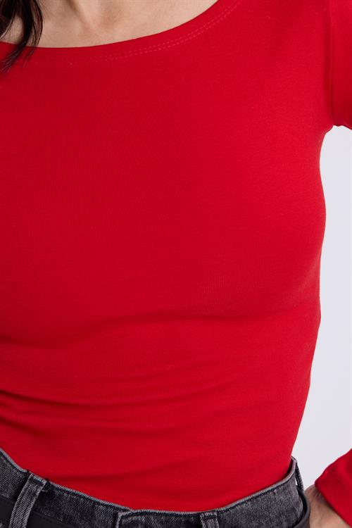 Kadın Slim Fit Dar Kesim Pamuklu Modal Kumaş Uzun Kollu Kayık Yaka Kırmızı Bluz