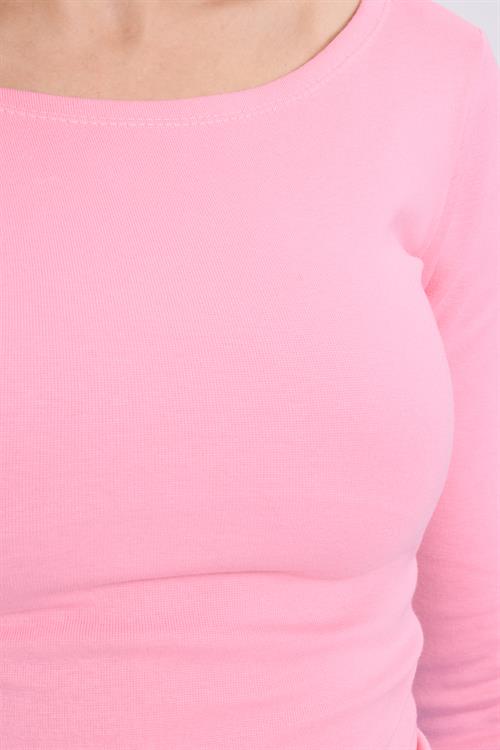 Kadın Slim Fit Dar Kesim Pamuklu Modal Kumaş Uzun Kollu Kayık Yaka Pembe Bluz